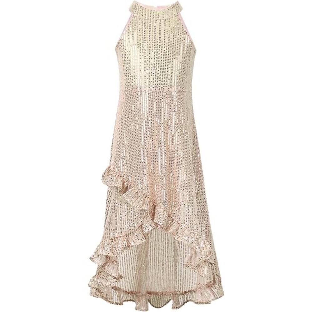 Welaken Girls Gold Sequin High-Low Ruffle Formal Dress